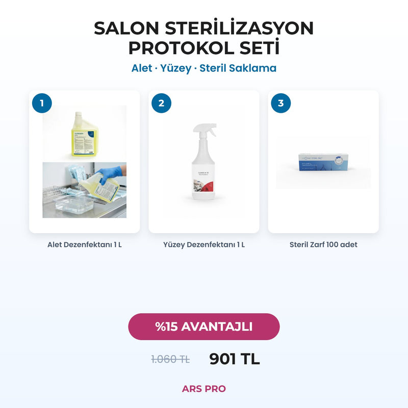 Salon Sterilizasyon Protokol Seti – alet dezenfektanı, yüzey dezenfektanı ve steril zarf